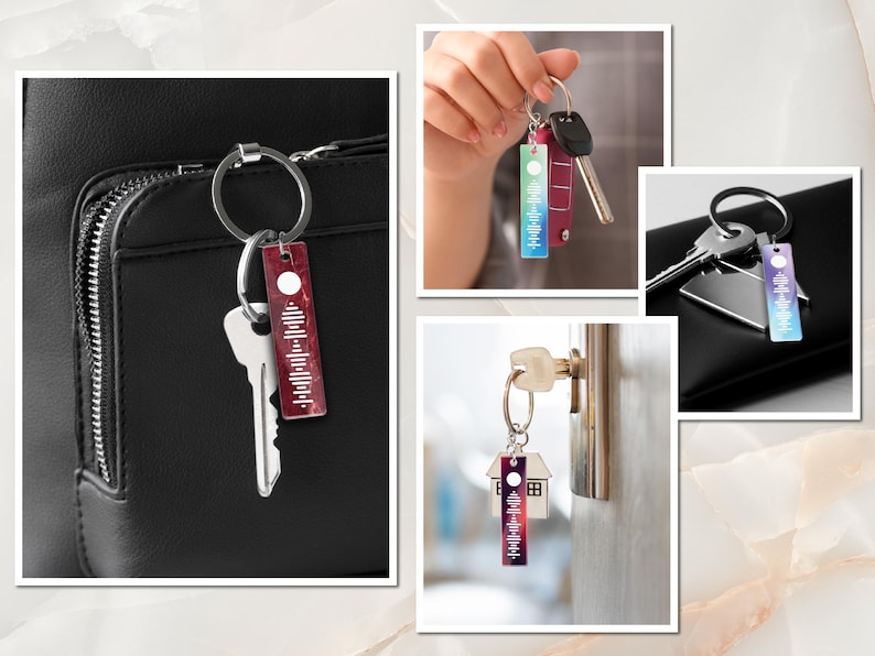 May include: A set of four keychains with colorful, abstract designs. Each keychain features a silver ring and a rectangular tag with a white circle and a black and white sound wave pattern. The keychains are shown on a black leather bag, a hand, a door, and a black wallet.