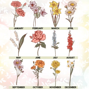 May include: A botanical illustration featuring twelve different flowers, each representing a month of the year. The flowers include carnations, violets, daffodils, daisies, lily of the valley, roses, delphiniums, gladiolus, asters, marigolds, chrysanthemums, and daffodils.
