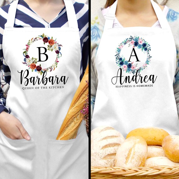 Personalized White Kitchen Apron Gifts for Women - 9 Cute Designs w/Name  Text - Custom Bbq Grilling Cooking Aprons for Chef w/Pocket - Customized