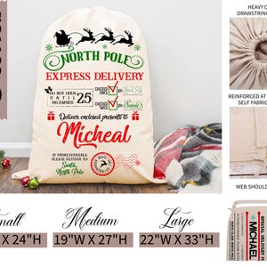 K&ouml;nnte beinhalten: Ein cremefarbener Weihnachtssack mit dem Text "North Pole Express Delivery" und "Micheal" in Rot. Der Sack hat einen Kordelzugverschluss, Stoffgriffe und einen Schultergurt. Die Gr&ouml;&szlig;en sind 45,7 cm B x 61 cm H, 48,3 cm B x 68,6 cm H und 55,9 cm B x 83,8 cm H.