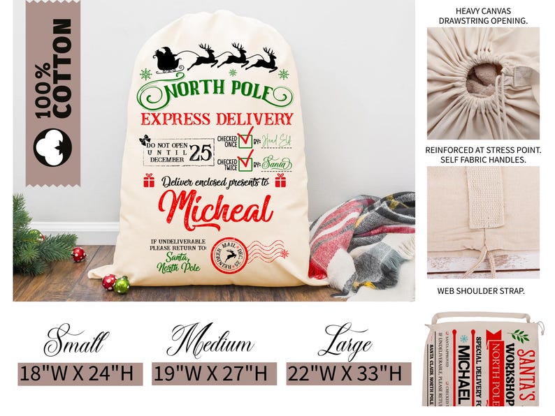 K&ouml;nnte beinhalten: Ein cremefarbener Weihnachtssack mit dem Text "North Pole Express Delivery" und "Micheal" in Rot. Der Sack hat einen Kordelzugverschluss, Stoffgriffe und einen Schultergurt. Die Gr&ouml;&szlig;en sind 45,7 cm B x 61 cm H, 48,3 cm B x 68,6 cm H und 55,9 cm B x 83,8 cm H.