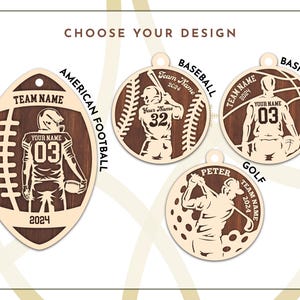 May include: A set of ten wooden ornaments featuring different sports themes. The ornaments are shaped like a football, baseball, basketball, and golf ball. Each ornament has a brown wood background with a white silhouette of a player. The ornaments are personalised with the text "Team Name" and "Your Name".
