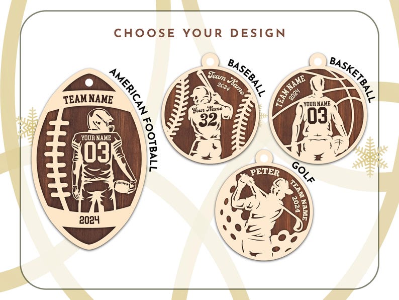 May include: A set of ten wooden ornaments featuring different sports themes. The ornaments are shaped like a football, baseball, basketball, and golf ball. Each ornament has a brown wood background with a white silhouette of a player. The ornaments are personalised with the text "Team Name" and "Your Name".