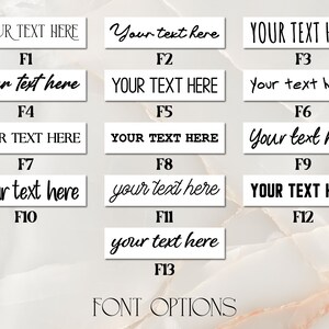 May include: A white background with 13 different font options for text. Each font is labeled with a number from F1 to F13. The text "YOUR TEXT HERE" and "your text here" are used as examples in each font.