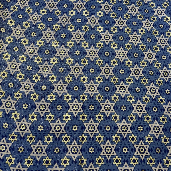 STARS OF DAVID- Blue "woven appearing" background with lavender and metallic silver Stars of David. Coordinates with Blue Star of David
