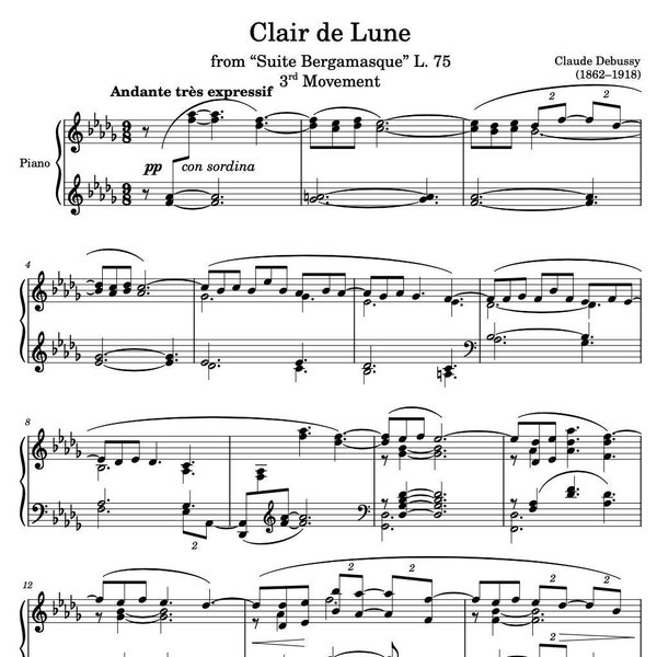 Clair de lune - Claude Debussy - Piano Sheet Music Download - Origianl Version