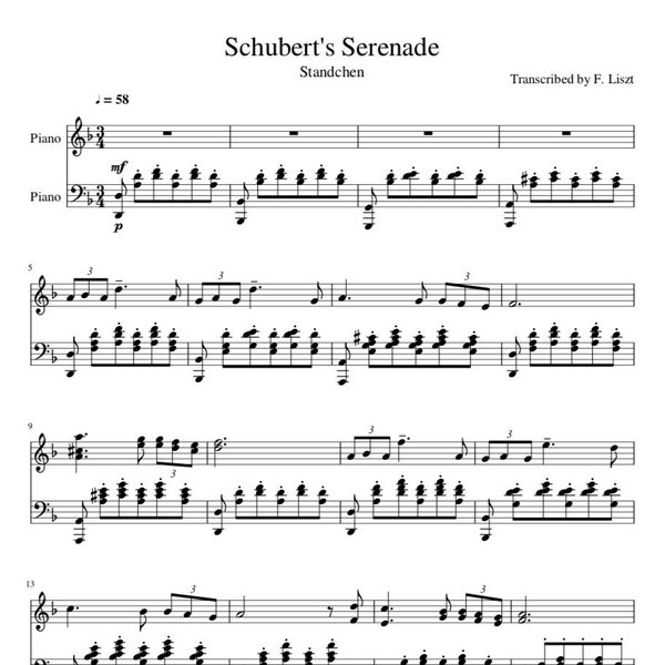 La Sérénade de Schubert - Partitions Piano Télécharger par Schubert - Standchen - Version Originale