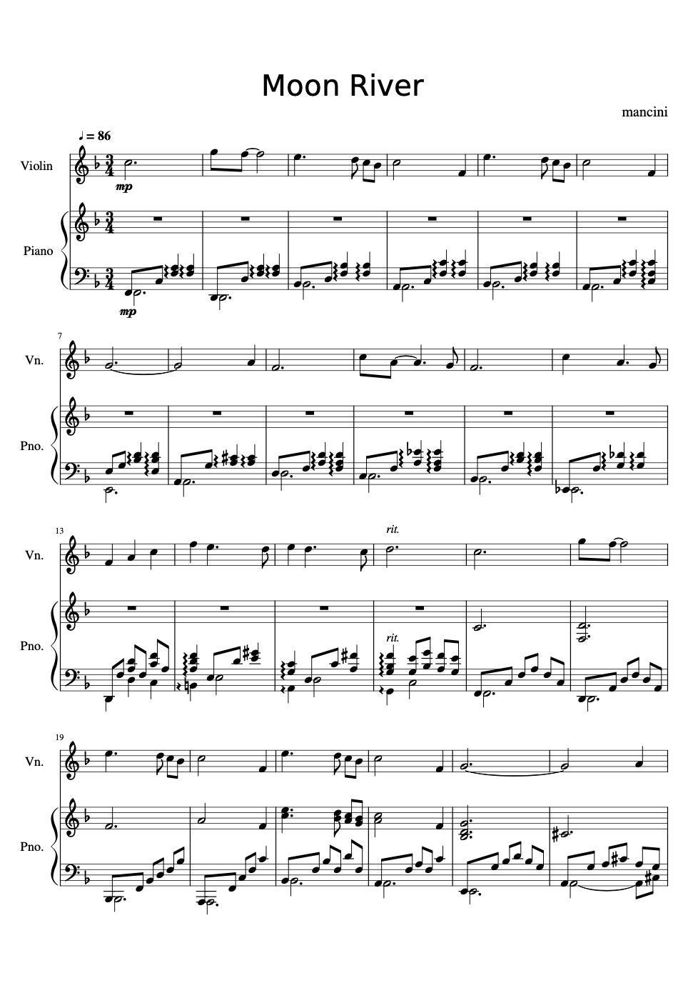 Moon River - Piano & Violin - Sheet Music Download - Origianl Version