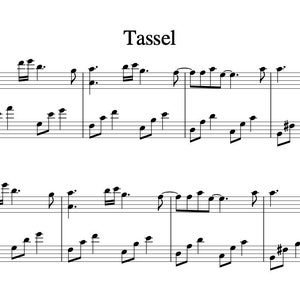 Könnte beinhalten: Notenblatt für ein Lied mit dem Titel "Tassel" mit einem Tempo von 93 Schlägen pro Minute. Die Musik ist in Violinschlüssel geschrieben und enthält Noten, Pausen und eine Taktart.