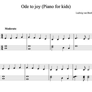 Könnte beinhalten: Notenblatt für eine Klavierbearbeitung von "Freude schöner Götterfunken" von Ludwig van Beethoven. Die Musik ist in C-Dur und 4/4-Takt geschrieben. Der Titel des Stückes lautet "Freude schöner Götterfunken (Klavier für Kinder)".
