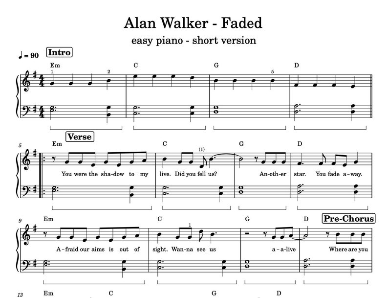Faded Alan Walker (easy Piano) Piano Sheet Music Download Etsy