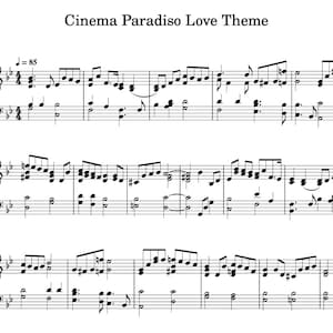 Może przedstawiać: Nuty do "Cinema Paradiso Love Theme" z tempem oznaczonym jako 85 uderzeń na minutę. Muzyka jest zapisana w kluczu wiolinowym i zawiera nuty, pauzy i krzyżyki.