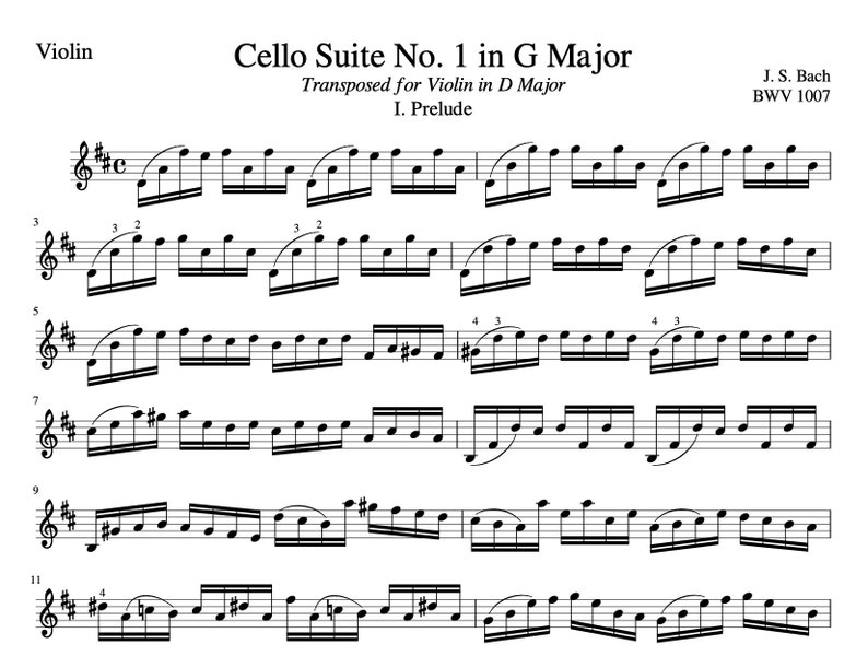 Bach Cello Suite No. 1 for Violin Sheet Music Download Etsy
