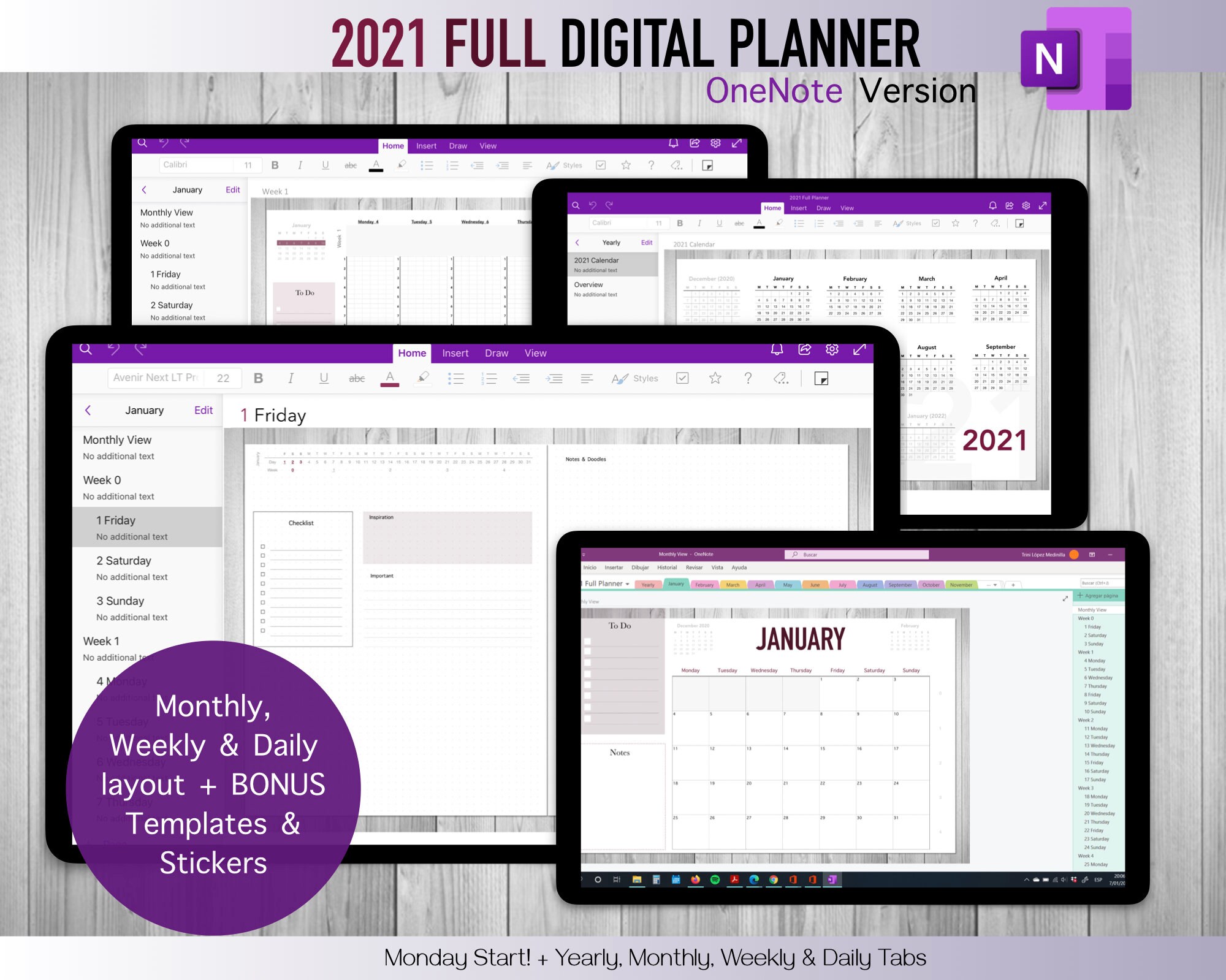 2021 ONENOTE Digital Planner Monday Start BONUS Etsy