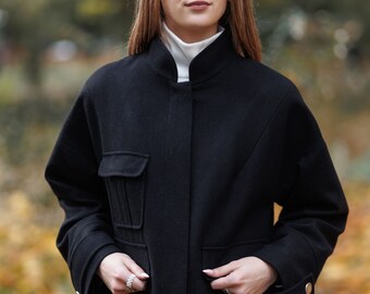Cozy Winter Coat in Wool - Women's Black Jacket, XXL - Long Sleeve & Warm