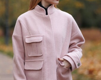 Women's Jacket, XXL Coat, Autumn Winter Coat, Warm Coat, pink jacket for women, Long Sleeve, wool Jacket for women, Wool coat