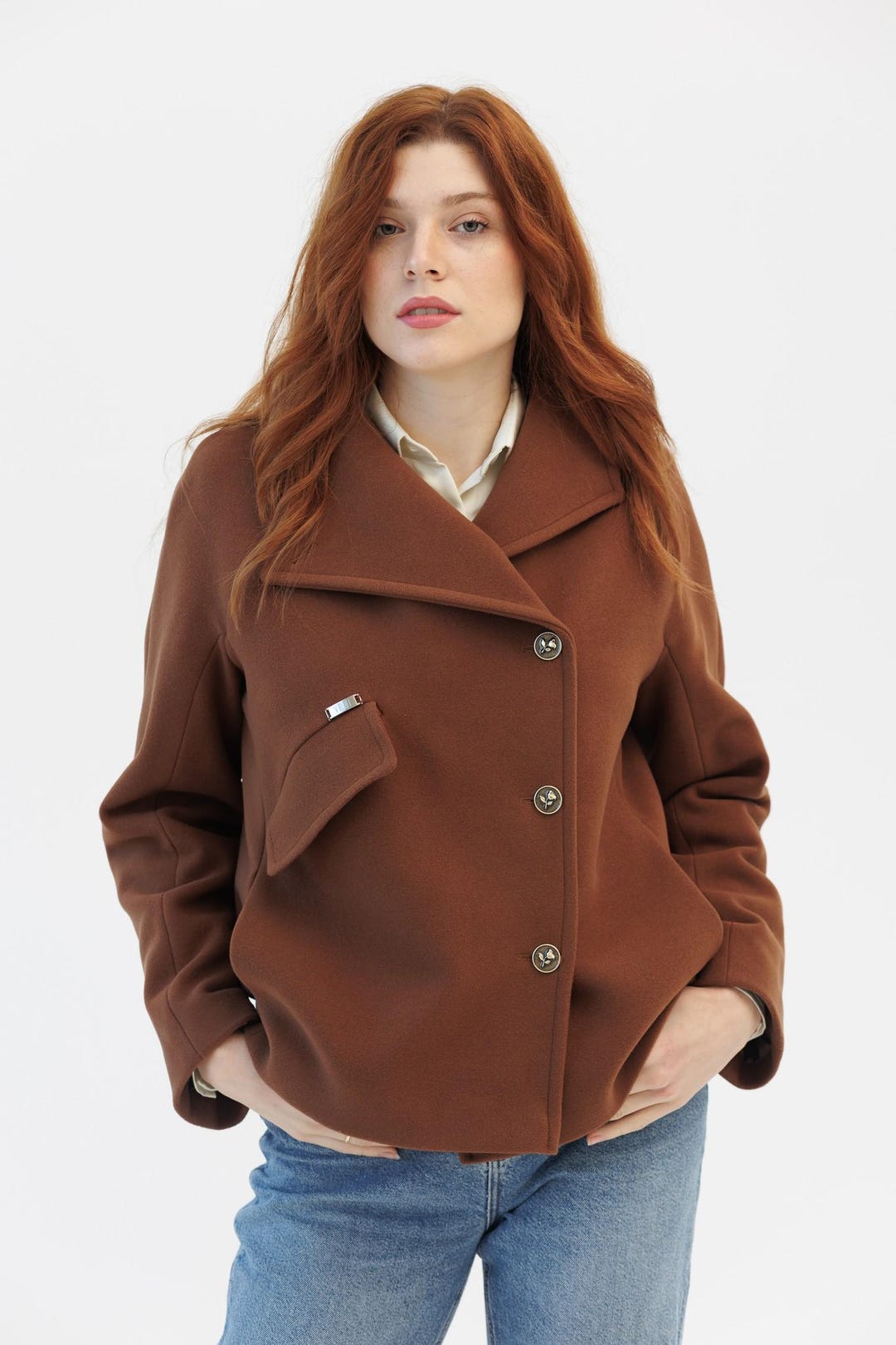 Trendy Asymmetrical Closure Jacket With Metal Buttons and Flap Pockets ...