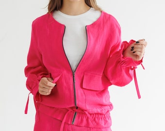 Women's linen jacket, Linen blazer, utility jacket, women's casual jacket, casual jacket fuchsia, natural linen jacket, plus size jacket