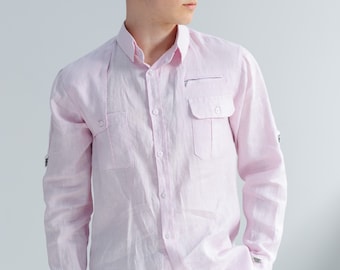 Classic Linen Shirt with Collar and Chest Pockets - Long Sleeve Button Up