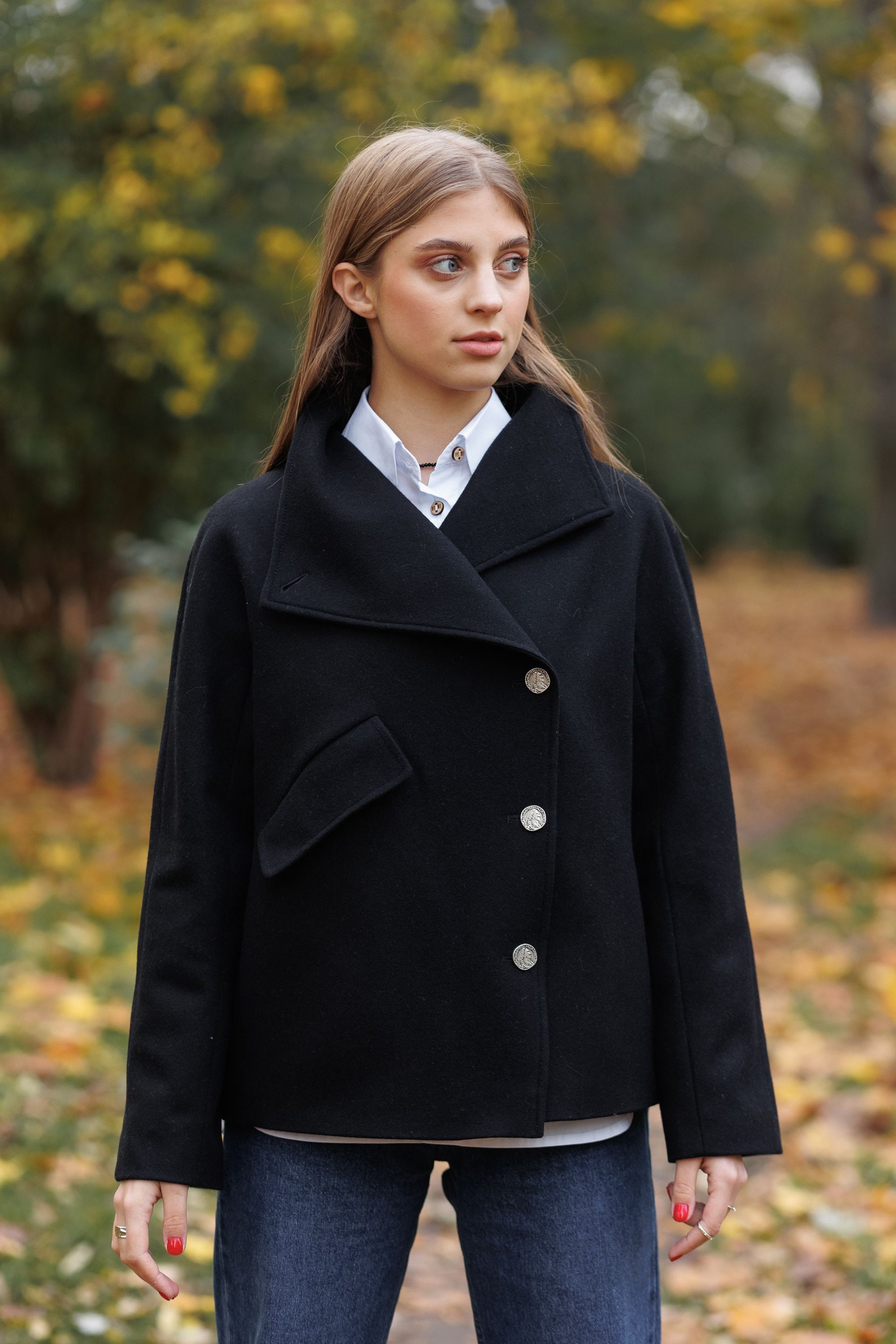 Chic Asymmetrical Wool Blend Coat with Metal Buttons Pockets