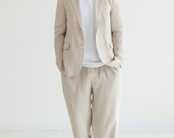 Men's Linen Blazer Casual Flax Jacket with Pockets