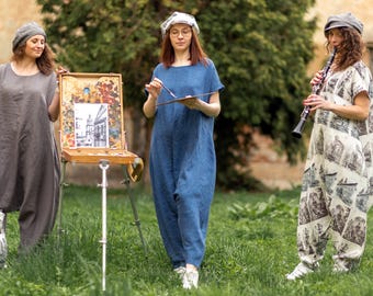 Boho Chic Linen One-Piece: Plus Size Jumpsuit & Harem Pants in One!