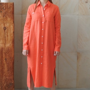 Heavy Linen Shirt Dress / Linen Dress for Women Buttons Down / Long Sleeves Woman Tunic
