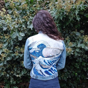 Hand Painted &#39;Great Wave off Kanagawa&#39; Denim Jacket I Unique wearable art I Upcycled Denim Jacket