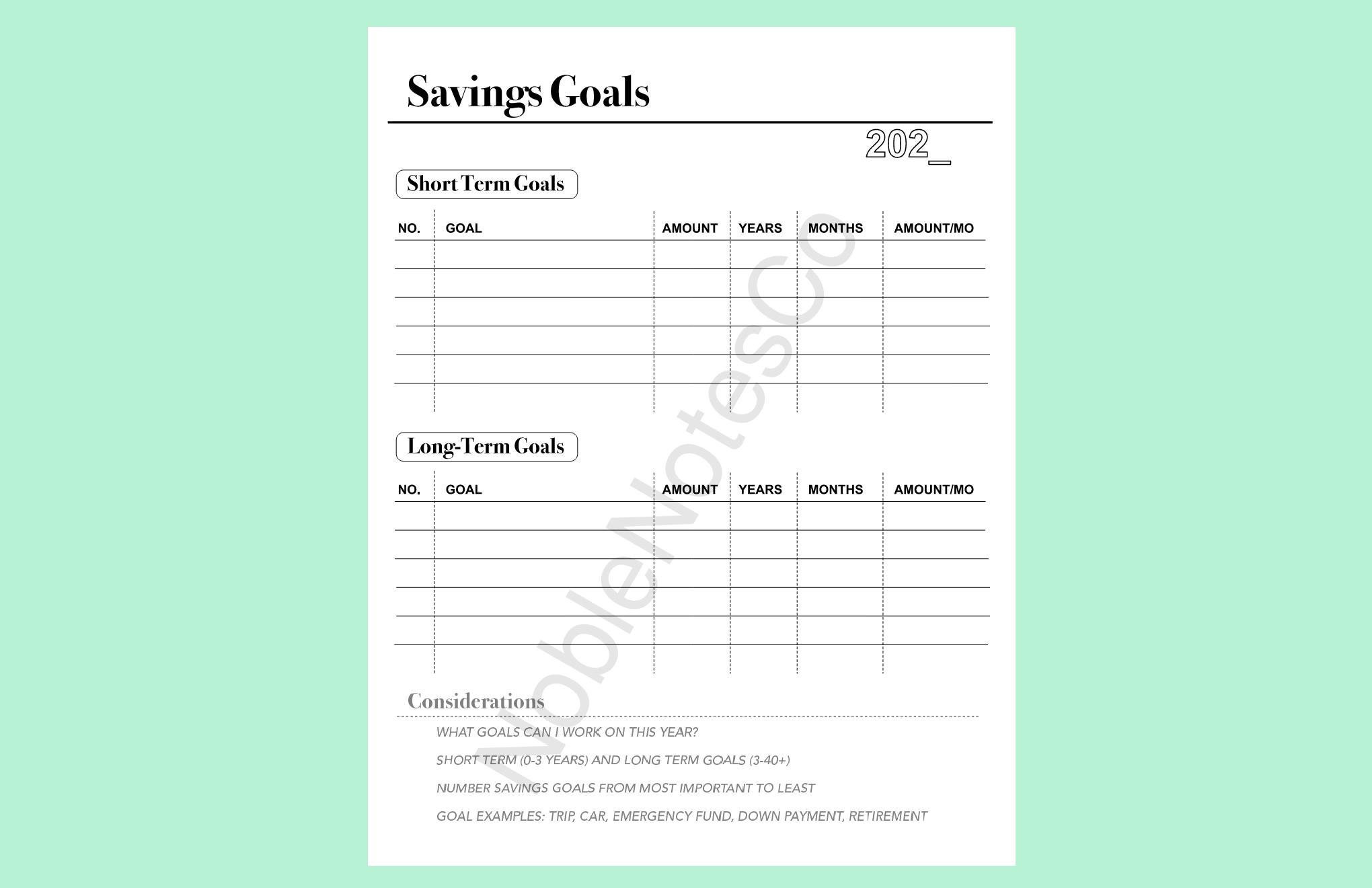 Savings Goals Worksheet Financial Goals | Etsy