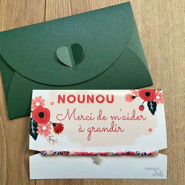 Bracelet Liberty, sur sa carte message « Merci nounou ». Idée cadeau originale pour cadeau de fin d’année nourrice