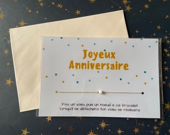 Bracelet à vœu Joyeux Anniversaire, bracelet à nouer sur une carte message