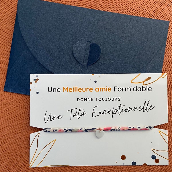 Bracelet Liberty, sur sa carte message Meilleure Amie Tata exceptionnelle. Idée cadeau originale pour annonce grossesse à une future tâta