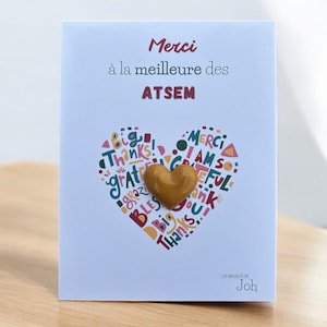 Carte pin's Merci à la meilleure des ATSEM, pin's cœur sur carte, fin d’année scolaire