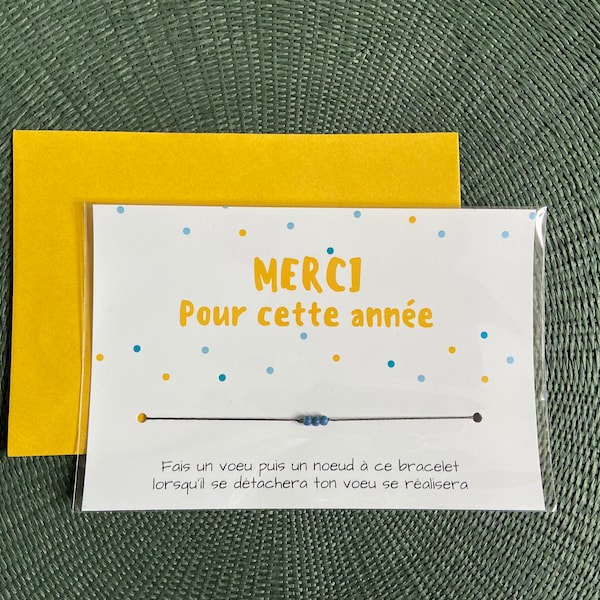 Bracelet à vœu Merci pour cette année, bracelet à nouer sur une carte message