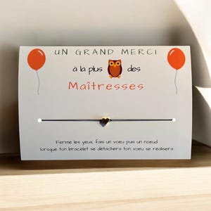 Bracelet à vœu chouette Maîtresse, bracelet à nouer sur une carte message