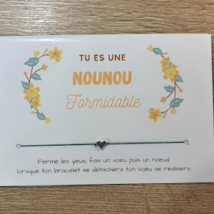 Bracelet à vœu Nounou formidable, bracelet à nouer sur une carte message, idée originale nourrice