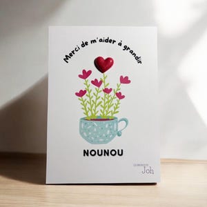 Carte pin's Nounou, merci de m’aider à grandir , pin's cœur sur une carte message