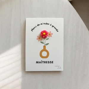 Carte pin's fleur Merci Maîtresse, pin's fleur sur une carte message