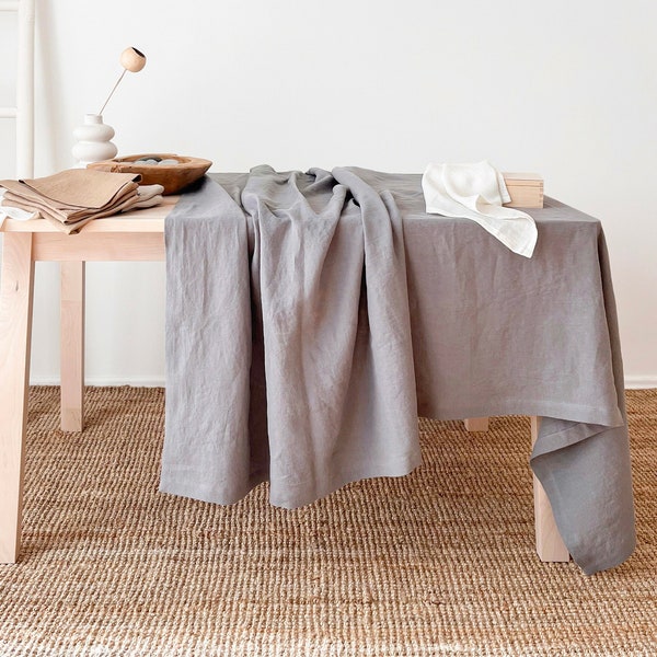 Natural Linen Tablecloth in Moon Grey, Luxurious Pure Linen Tablecloth For Relaxed and Cozy Dining, Handmade Softened Linen Tablecloth