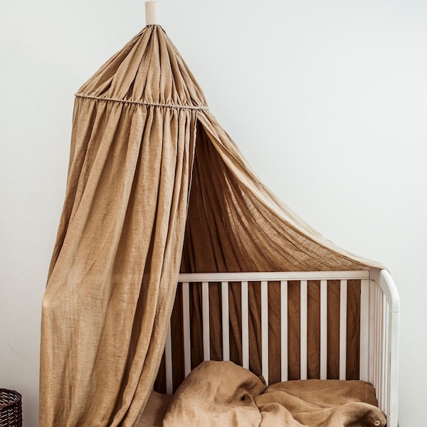 Linen Crib Canopy in Moka Brown, Organic Linen Bed Canopy, Minimalistic Play Tent, Hanging Canopy, Reading Nook, Bed Tent, Bed Baldachin