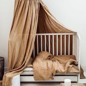Moka Brown Linen Kids Canopy | Warm Earth Tone Nursery Canopy | Cocoa Reading Nook | Stonewashed Montessori Bed Hanging | Crib Curtains image 1