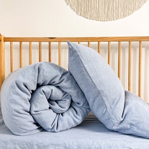 Linen Kids Bedding in Dusty Blue. Eco-friendly Kids bedding. Toddler Duvet and Pillow covers in many size variations. Baby boy bedding.