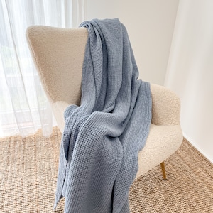 Linen Throw Blanket in Dusty Blue. Waffle textured Throw Blanket In Various Colors. Bedspread, coverlet.