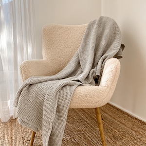 Ash Grey Linen Throw Blanket: Organic Waffle Weave Bedspread