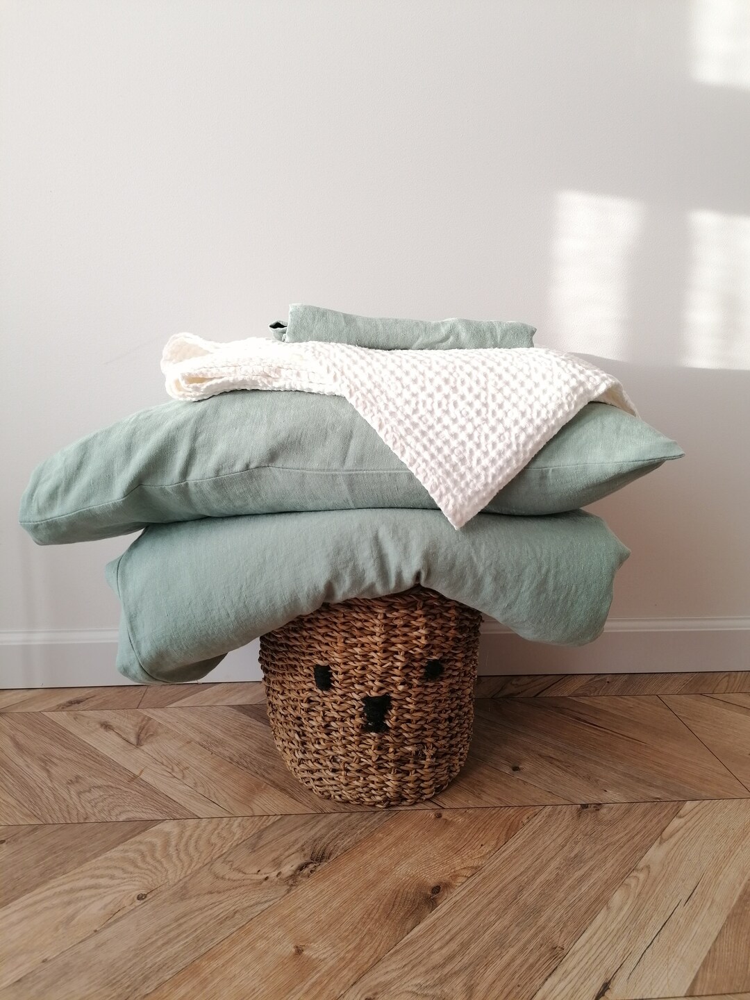 Linen Kids Bedding in Sage. Kids 2piece Bedding Set. Toddler Duvet and