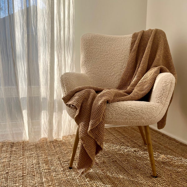 Linen Throw Blanket in Moka Brown. Waffle textured Throw Blanket In Various Colors. Bedspread, coverlet.