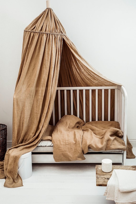 Moka Brown Linen Kids Canopy | Warm Earth Tone Nursery Canopy | Cocoa Reading Nook | Stonewashed Montessori Bed Hanging | Crib Curtains