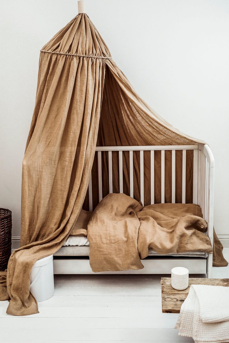 Moka Brown Linen Kids Canopy | Warm Earth Tone Nursery Canopy | Cocoa Reading Nook | Stonewashed Montessori Bed Hanging | Crib Curtains image 1