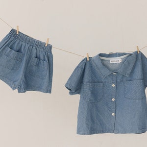 Baby Denim 2 Piece Clothing Set. Unisex Denim clothing set for Baby Toddler Kids. Baby Denim Short Sleeve Outfit. Baby Shower Gifts. image 1