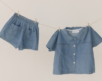 Baby Denim 2 Piece Clothing Set. Unisex Denim clothing set for Baby Toddler Kids. Baby Denim Short Sleeve Outfit. Baby Shower Gifts.